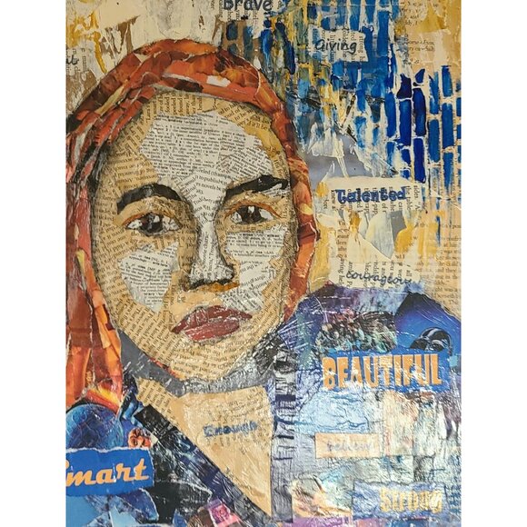 "I Am" Mixed Media Collage 16"x20" Torn Paper Art On Cradled‎ Wood Panel - Picture 7 of 8